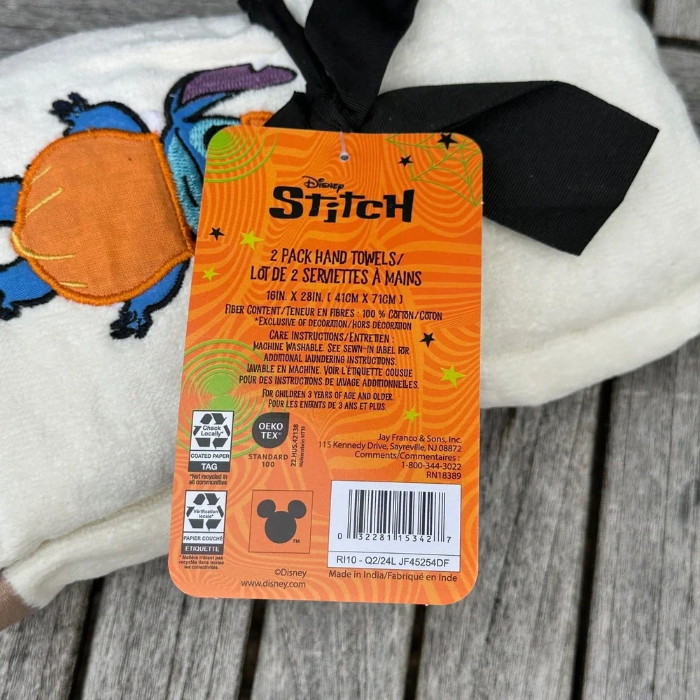 Disney Stitch Halloween Pumpkin 2 Pack Hand Towels Cream White 16x28 Cotton New